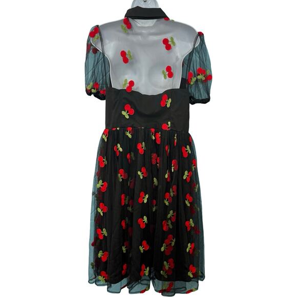 Unique Vintage Collared Sheer Embroidered Black Red Cherry Dress size L 10 12 - Picture 7 of 15